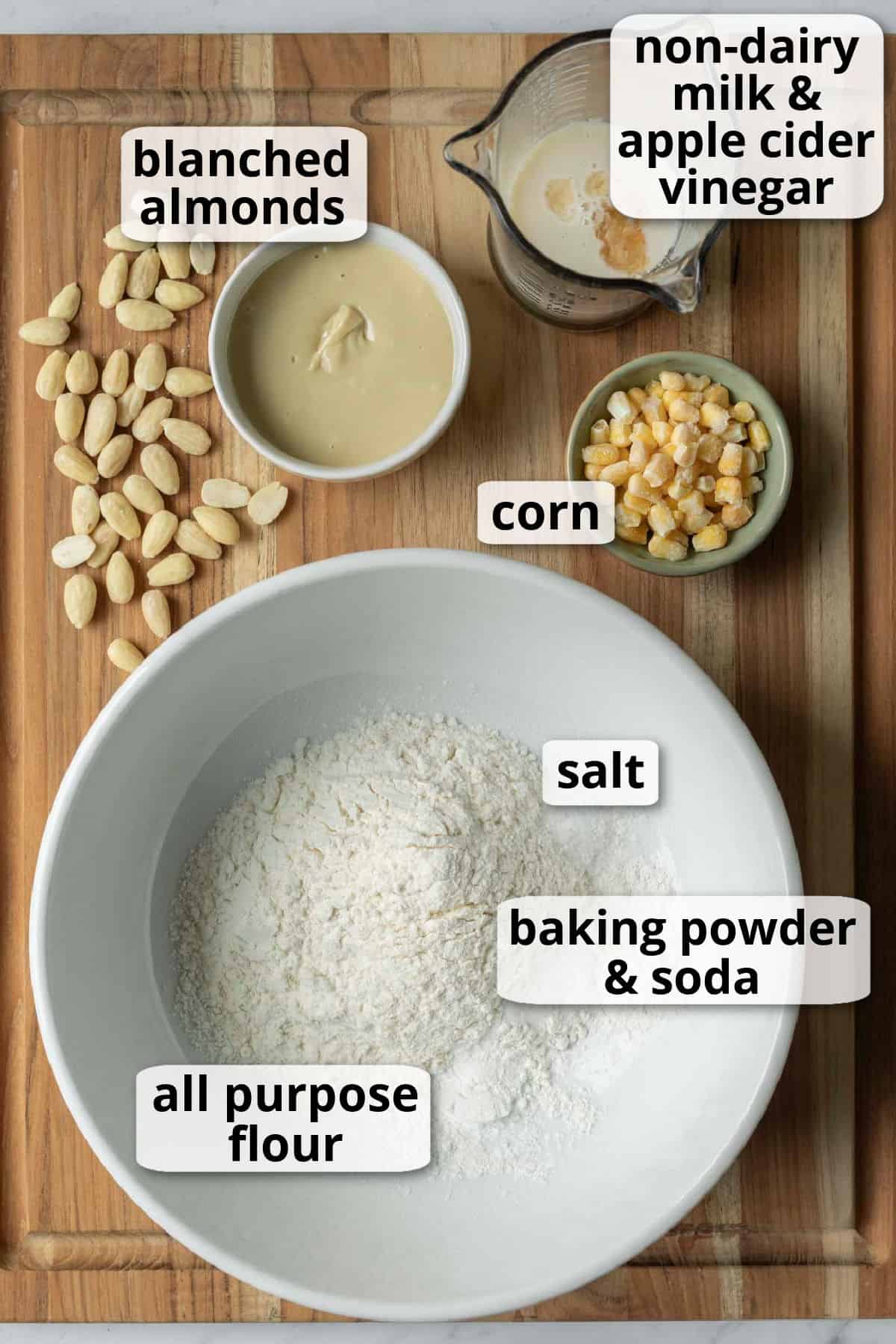 A labeled photo of the 6 ingredients needed for the biscuits.