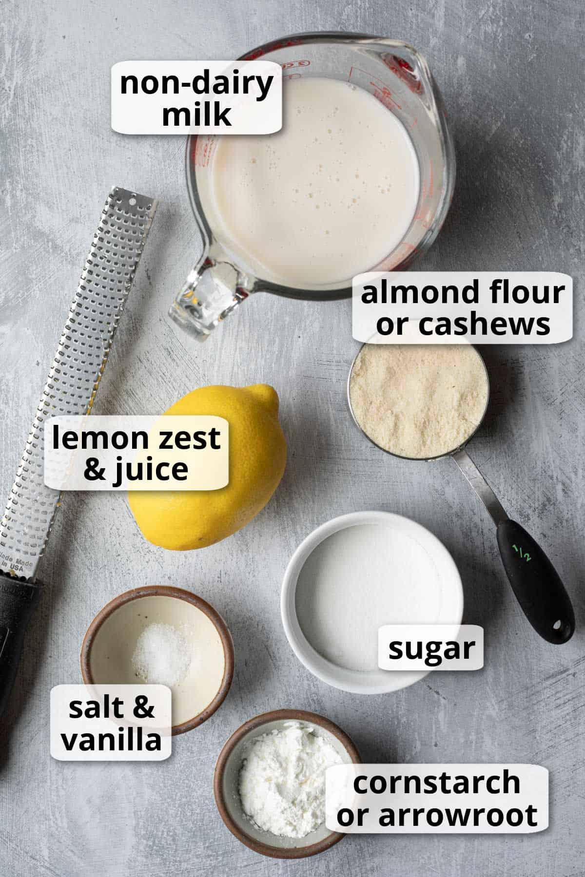 Labeled photo of the six ingredients needed for cheesecake pudding.