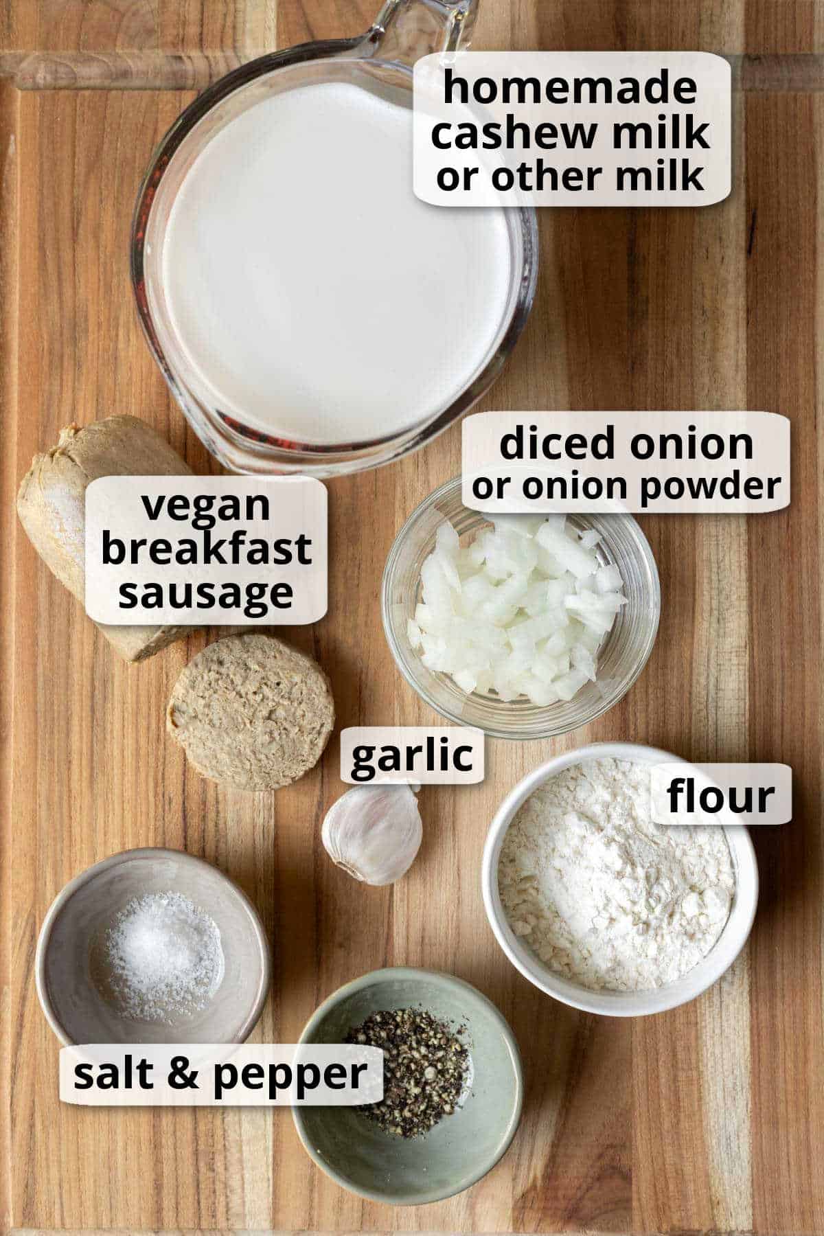 A labeled photo of the six ingredients needed to make vegan country gravy.