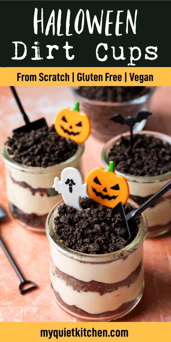 Dirt cups with Halloween decor and title text.