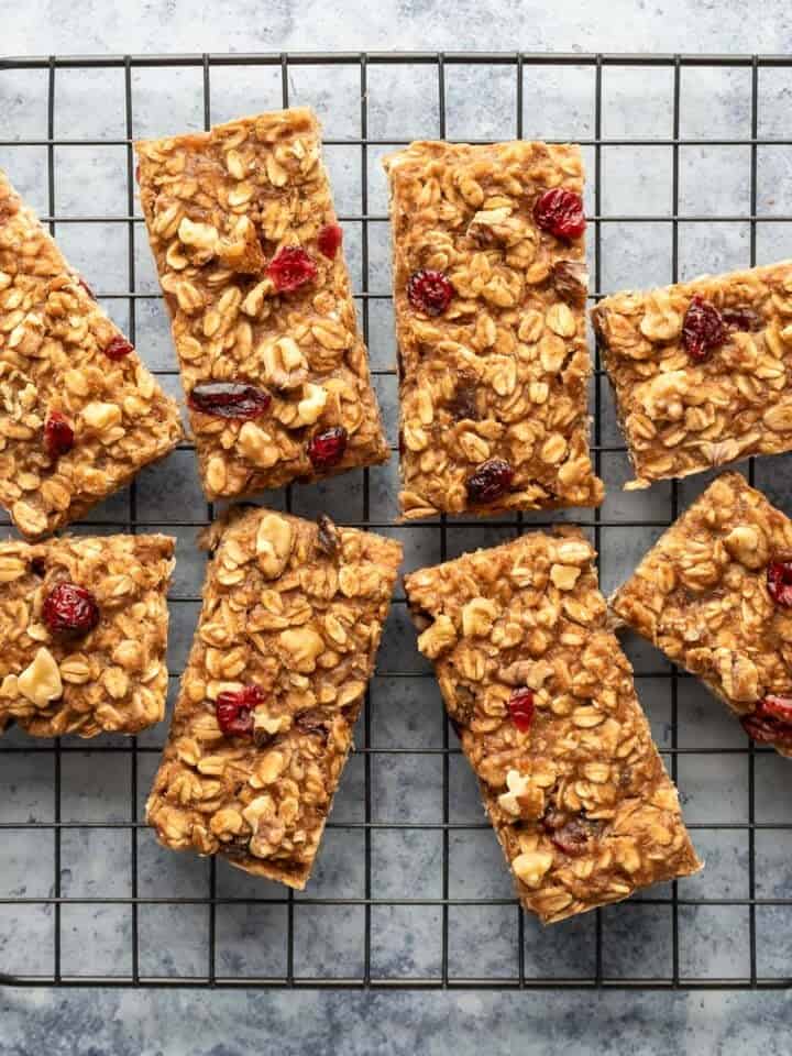 Homemade oatmeal breakfast bars on a cooling rack.