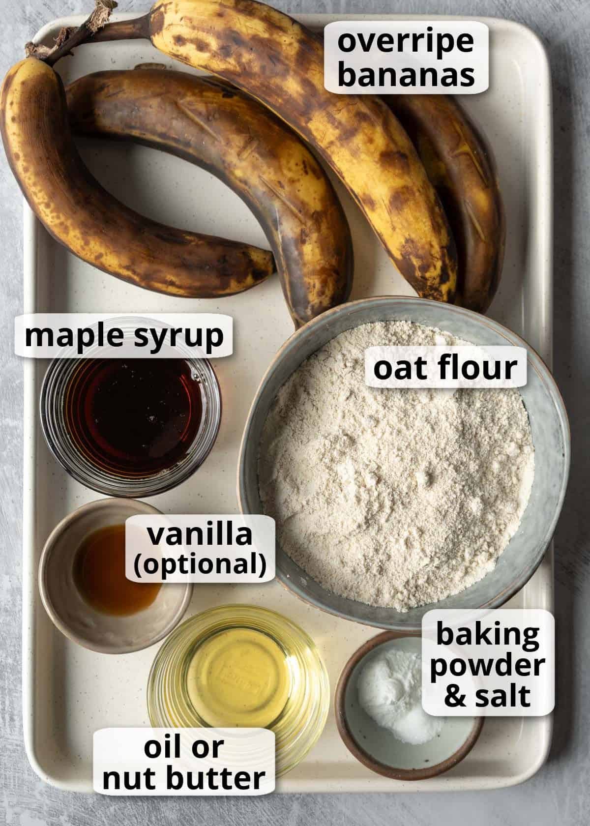 Labeled photo of the 5 ingredients needed to make banana muffins.