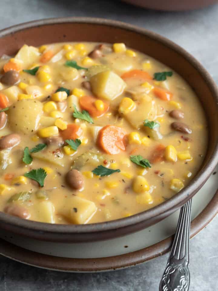 Close up of a bowl of creamy vegan corn soup showing texture, colorful veggies, and potato.