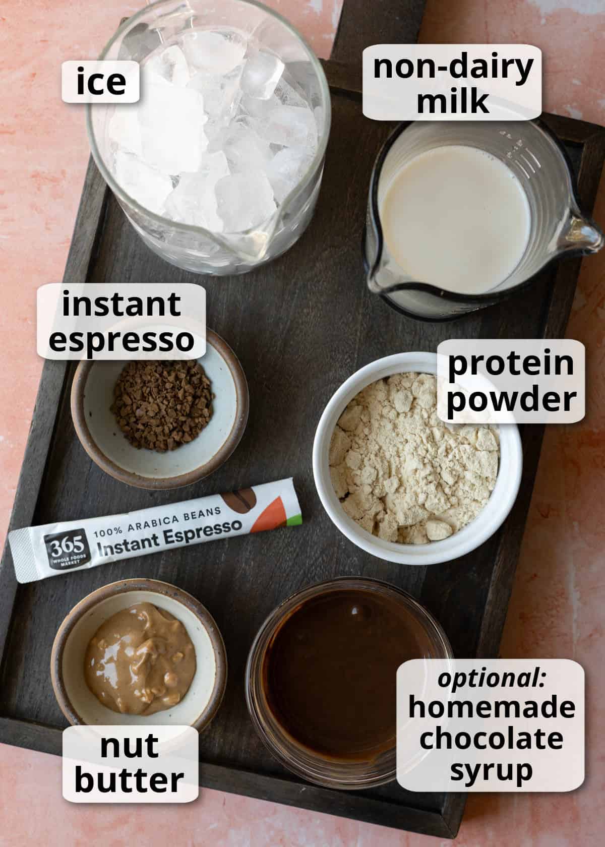 Labeled photo of the 5 ingredients needed to make a frappuccino at home.