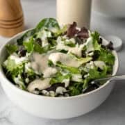 A bowl of mixed salad greens drizzled with creamy sweet onion dressing.