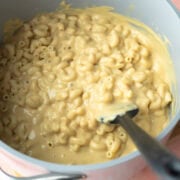 Close up of extra creamy vegan mac and cheese in a pot.