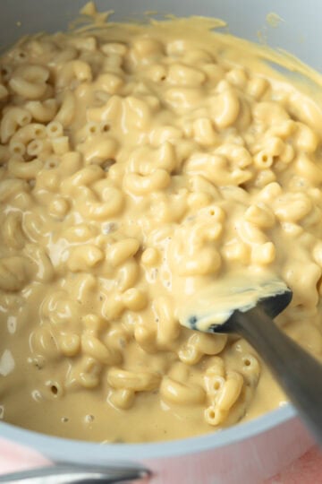 Close up of extra creamy vegan mac and cheese in a pot.