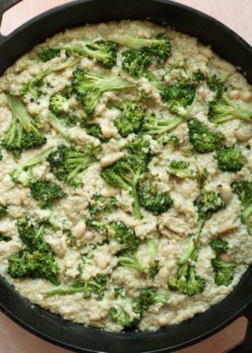 Broccoli and white beans folded into the cheesy quinoa.
