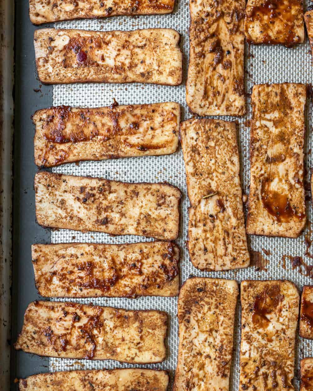 Just baked tofu slices from the oven.