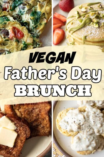 Four-photo collage of breakfast dishes for Father's Day.