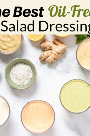 A variety of colorful oil-free dressings on a marble background.