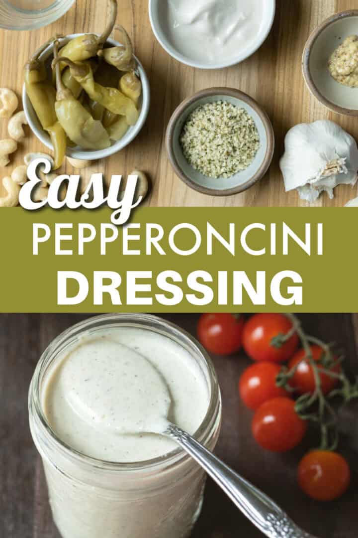 The blended pepperoncini dressing and ingredients for saving on Pinterest.
