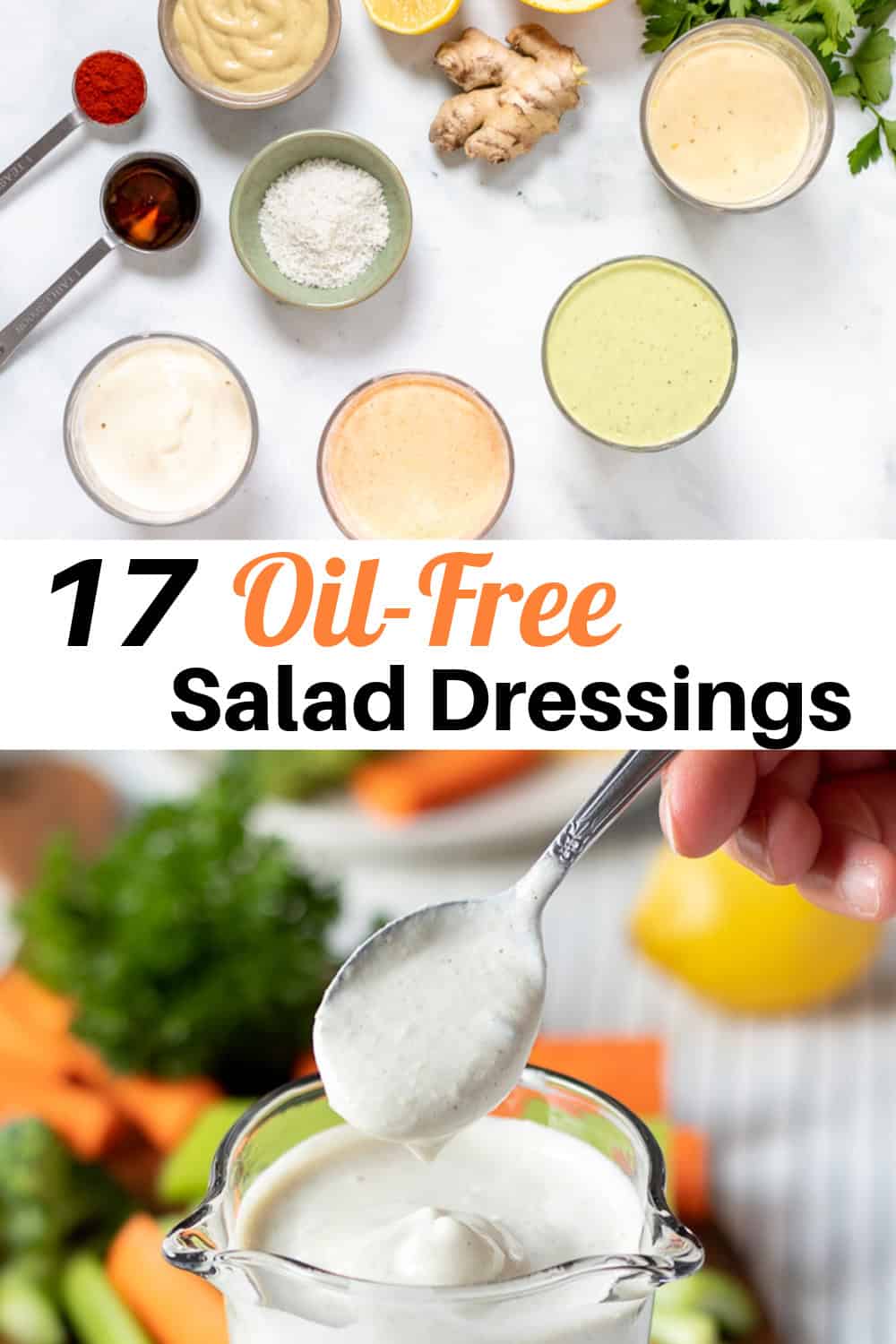 An image of various vegan salad dressings for saving on Pinterest.