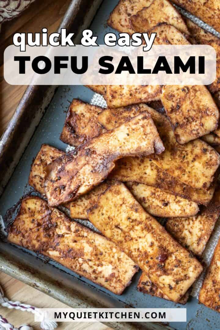 A pin for saving tofu salami recipe on Pinterest.