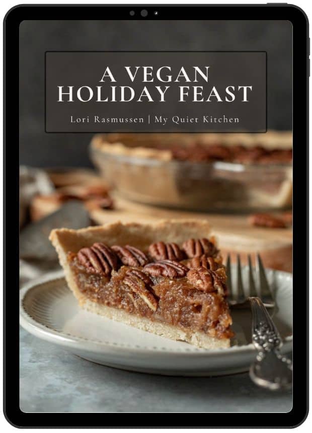 Digital mockup of cookbook cover showing a piece of vegan pecan pie.