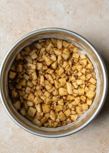 Chopped apple walnuts mixture spooned across the bottom of the cake pan.