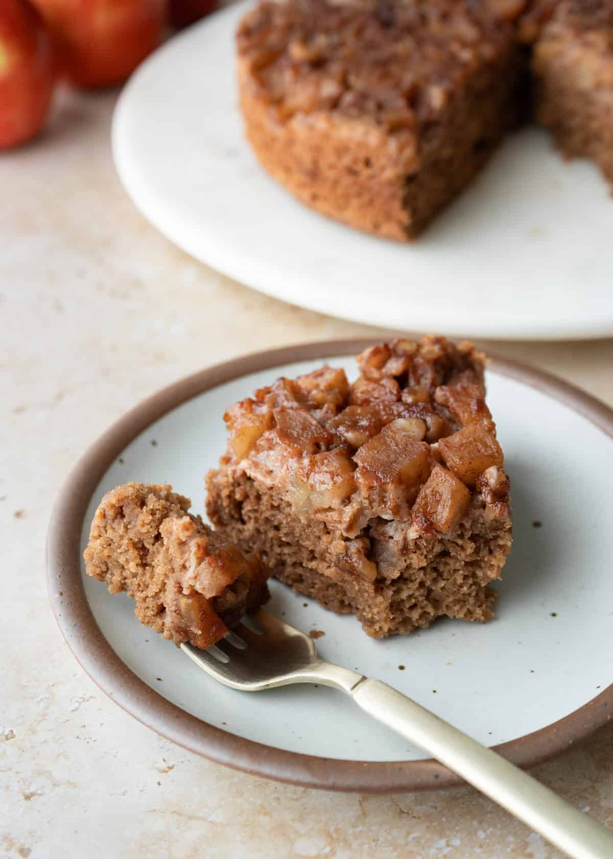 A slice of applesauce cake on a plate with a bite on a fork to show texture.