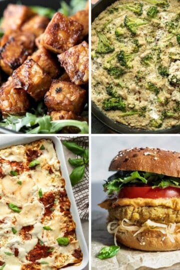 A collage of four different vegan meal prep recipes.