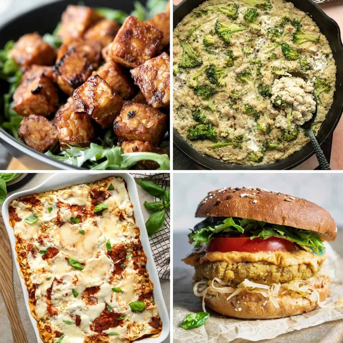 A collage of four different vegan meal prep recipes.