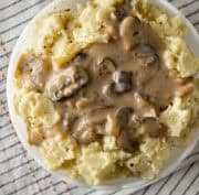 Creamy mushroom gravy over mashed potatoes.
