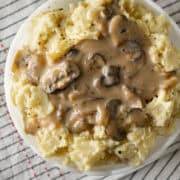 Creamy mushroom gravy over mashed potatoes.