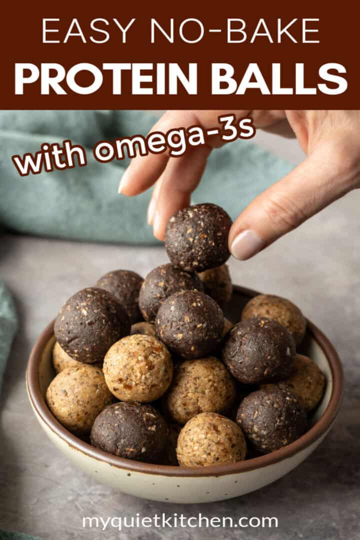 A pin image with title for saving the protein balls recipe on Pinterest.