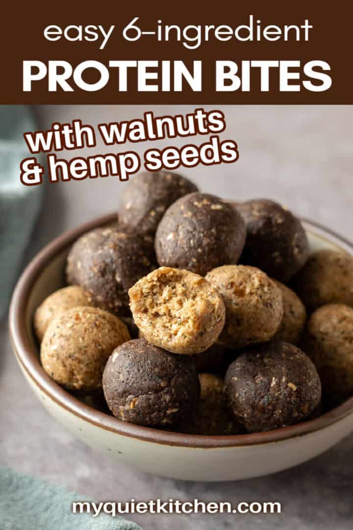 Photo of chocolate and vanilla protein balls with recipe title text to save on Pinterest.