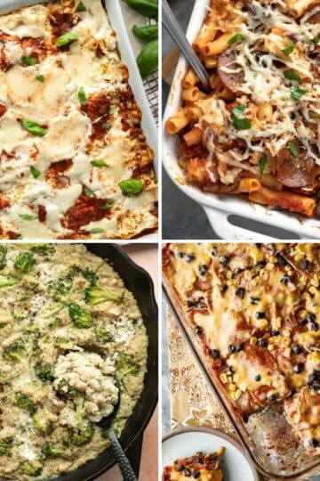 A collage of four vegan casseroles.